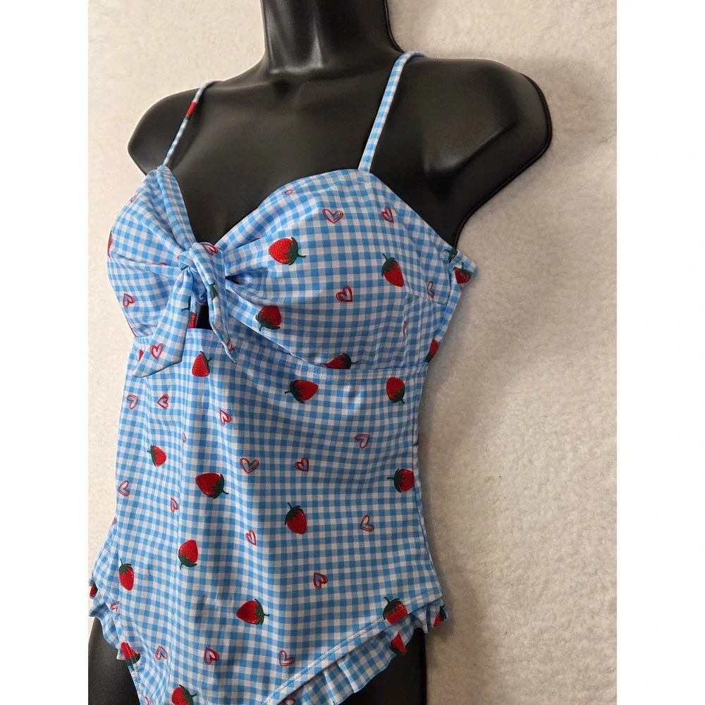 Womens Strawberry Heart Print One Piece Swimsuit L Tie‎ Front Ruffle Beach